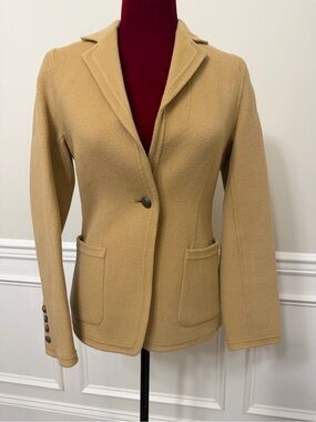 SOLEZIA Cashmere Angora Wool Blend Blazer Jacket Tan Beige Crest Buttons